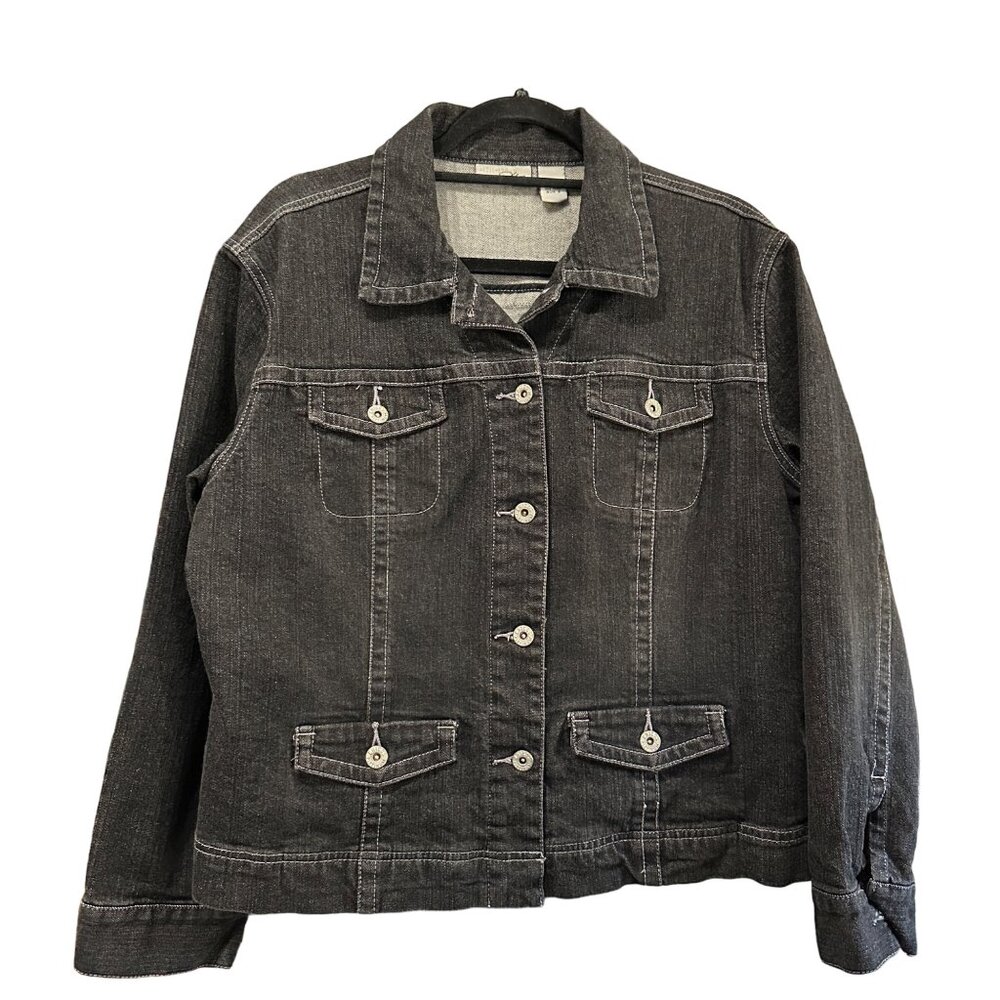 Chico’s Platinum size 2 (L) black cotton button front denim jacket